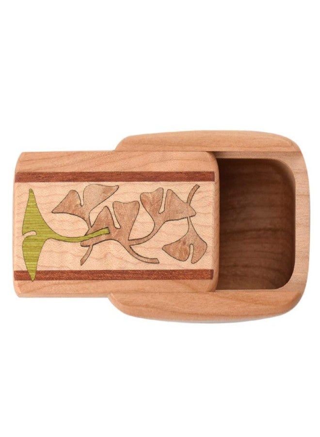 Modern Artisans American Made Hardwood Pill Box (Large Size) - Cherry Wood with Inlaid Ginkgo Design - Image 4